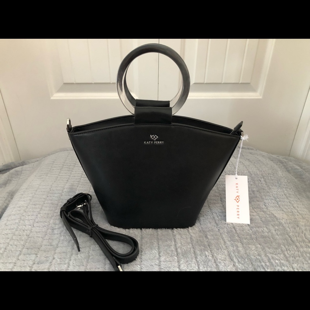Katy Perry Patsy Zip Bucket Bag black/grey circle handle w/detachable strap